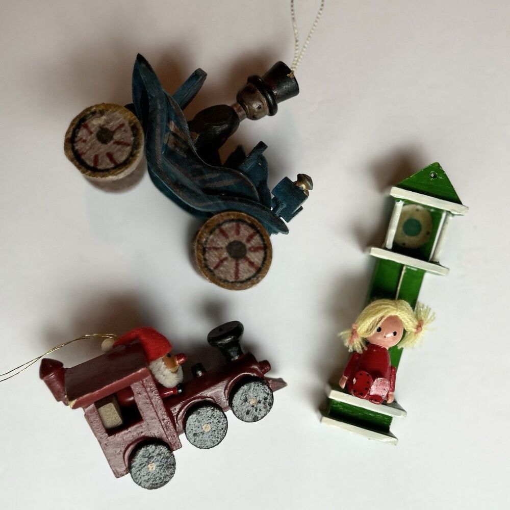 VTG 80s Wooden Christmas Ornament Lot-  3pc, Vehicles & Clock 2581